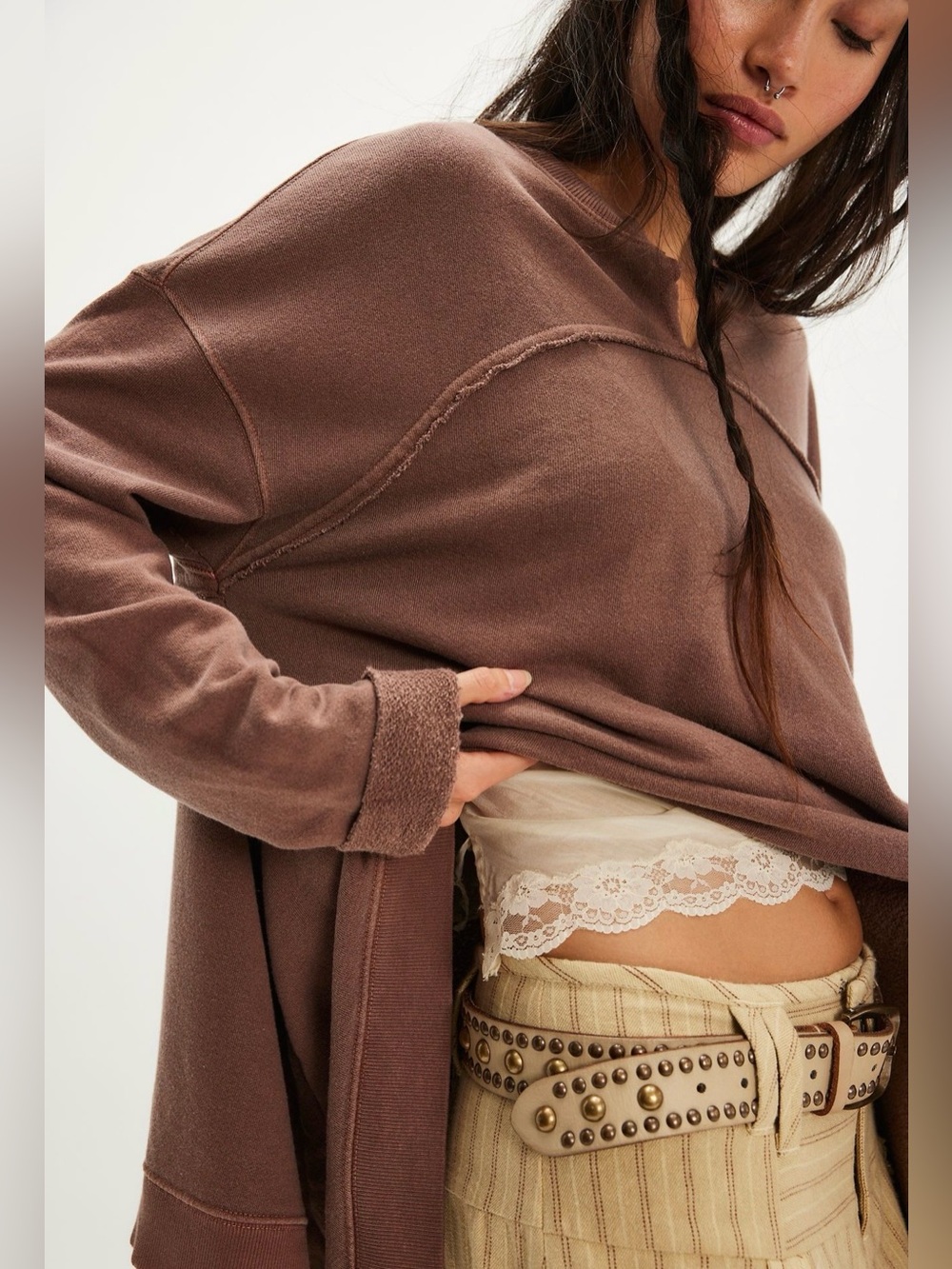 NWT Free People Cascade Sweatshirt Spiked Chocolate Slouchy Raw Hem Boho S - Picture 4 of 10